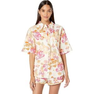 WAYF New Passion Tropical Fortune Linen Blend Button Front Short Sleeve Top S
